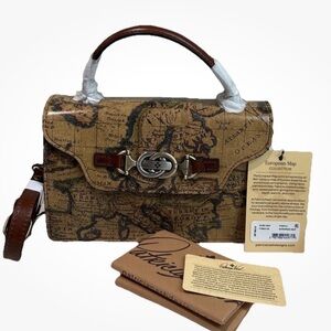 Patricia Nash Porcili Europe Map Print Leather Satchel With Shoulder Strap NWT